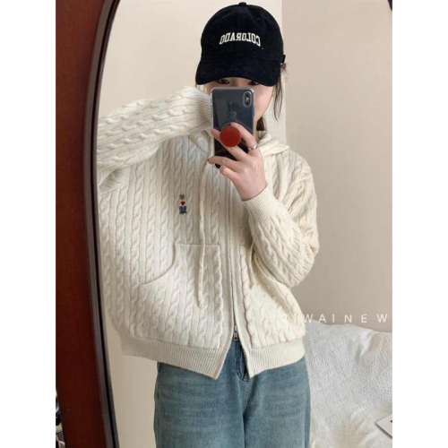 Hooded double zipper twist sweater jacket autumn and winter new lazy style loose top bear embroidered knitted cardigan