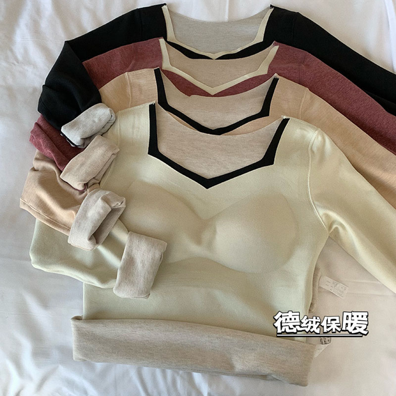 實拍秋冬德絨自發熱保暖拼色設計內搭外穿帶胸墊修身顯瘦上衣