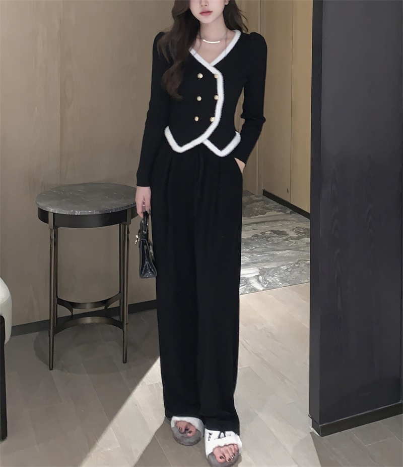 Real shot!  French style double-breasted puff sleeve regular knitted sweater + glutinous rice versatile trousers