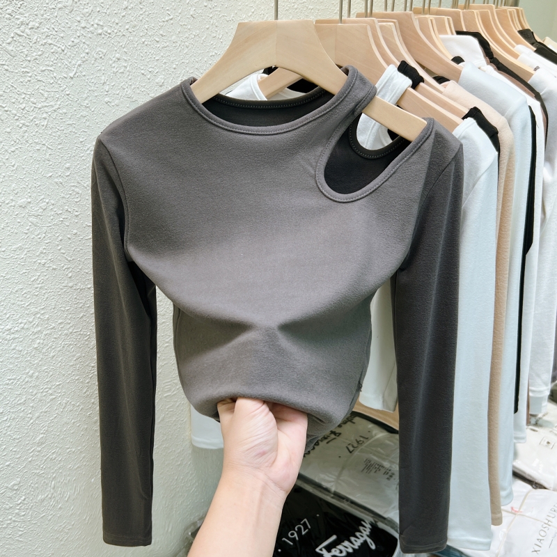 Real shot double-sided German velvet brushed design bottoming shirt women's long-sleeved T-shirt autumn and winter wear