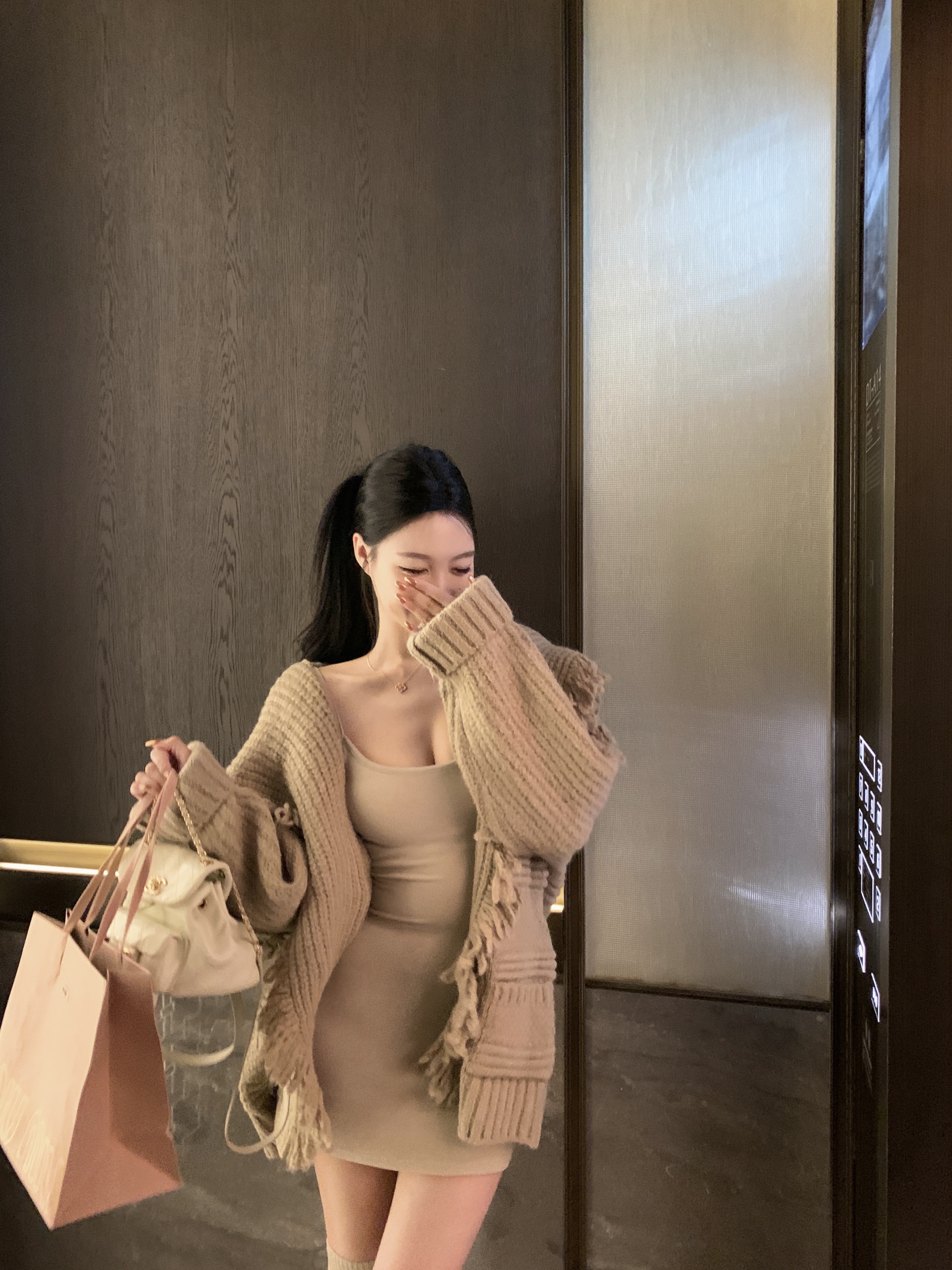 實拍 慵懶寬鬆開衫毛衣外套 性感純欲吊帶高級感顯瘦裙