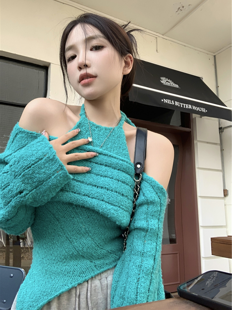 純欲風掛脖針織衫套裝女秋季新款設計感小眾不規則疊穿罩衫兩件套