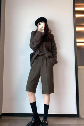 Real shot of woolen shorts for women 2023 autumn and winter five-point high-waisted straight-leg slimming wide-leg mid-pants for outer wear with leggings and boots