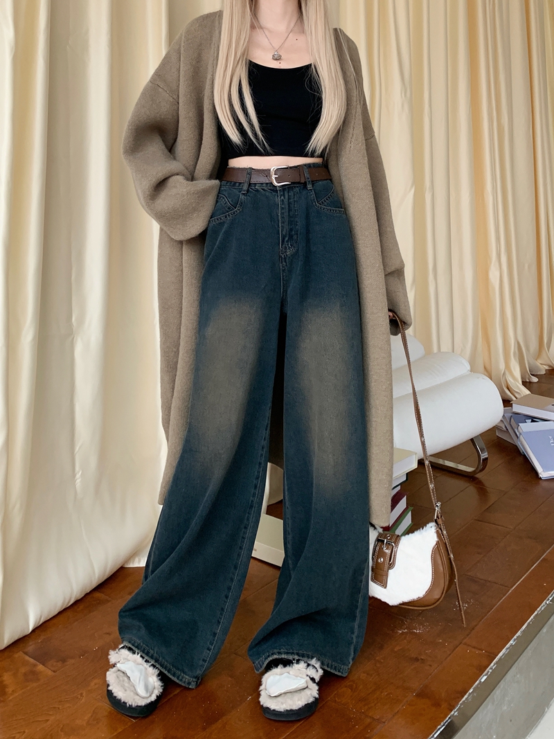 Actual shot #New high-waisted loose denim trousers for women with design retro washed wide-leg floor-length trousers