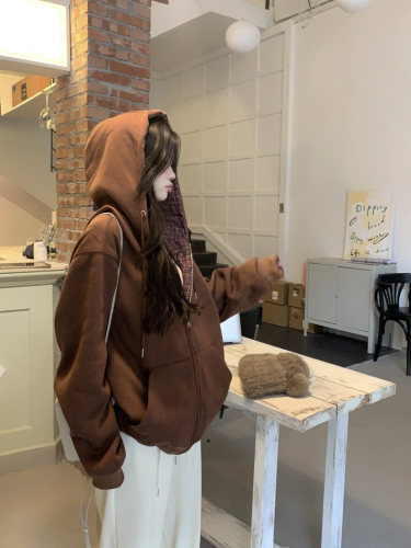 Actual shot of versatile velvet hooded sweatshirt for women, spring and autumn zippered loose thickened lazy jacket