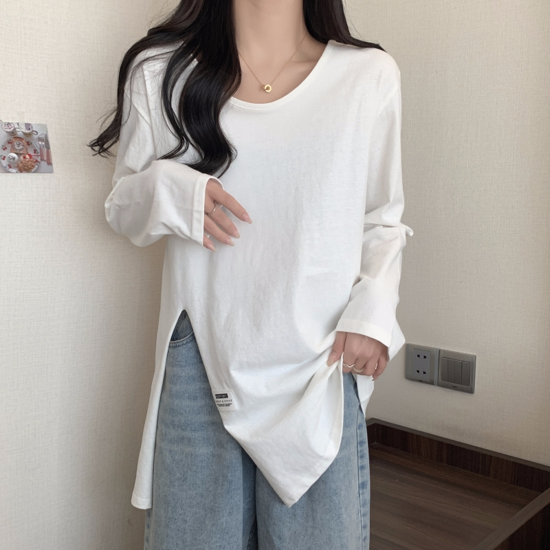 實拍 德絨 中長款開衫長袖T恤女磨毛開叉上衣內搭疊穿打底衫秋冬