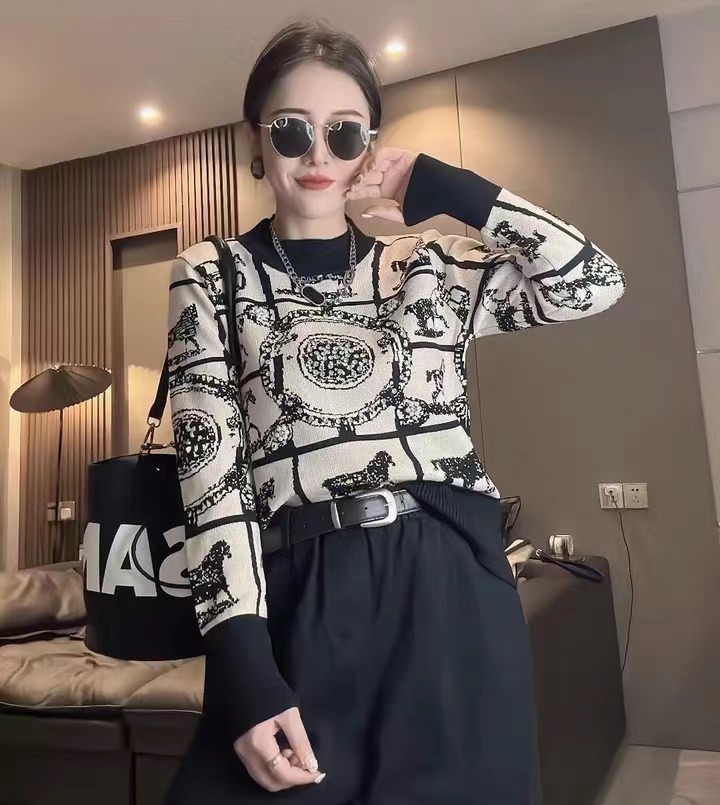 Heavy industry beaded diamond flower sweater women's long-sleeved European product 2023 new round neck all-match foreign style bottoming sweater