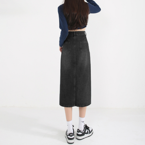 Retro high-waist slit denim skirt for women  autumn new slimming A-line mid-length hip-hugging skirt