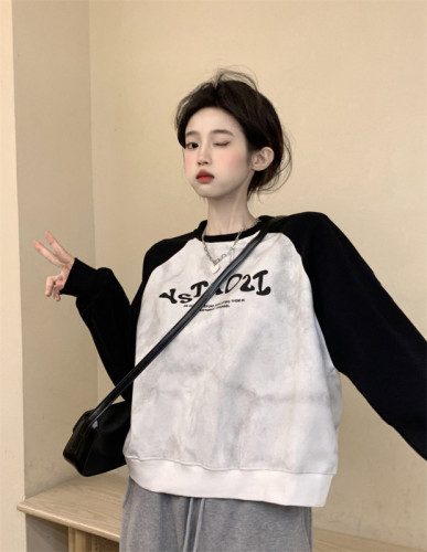 Real shot Contrast color pad-dyed long-sleeved sweatshirt for women 2023 autumn new loose letter print round neck pullover top