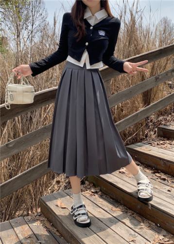 Real shot of autumn and winter pleated skirt mid-length elastic back high waist slimming A-line skirt