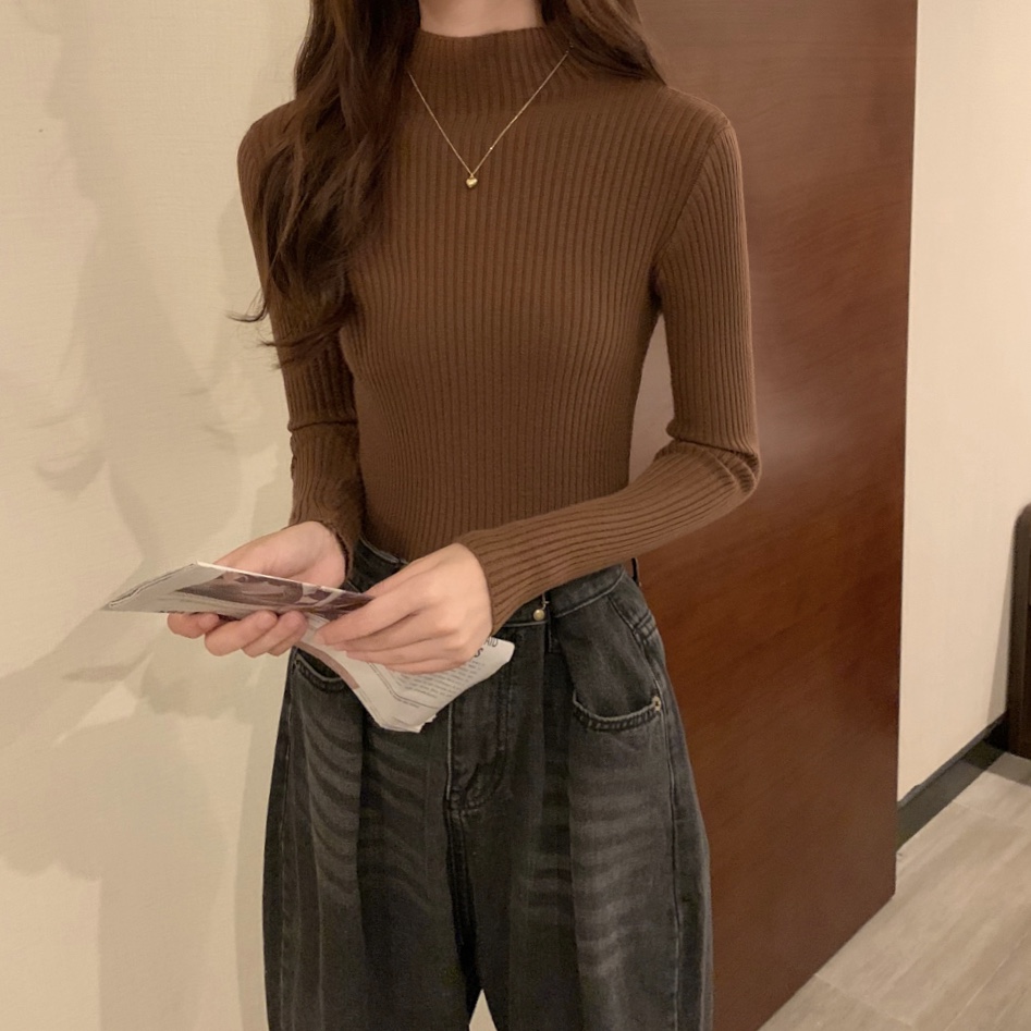 實拍 新款韓版修身顯瘦坑條半高領針織打底衫女8色