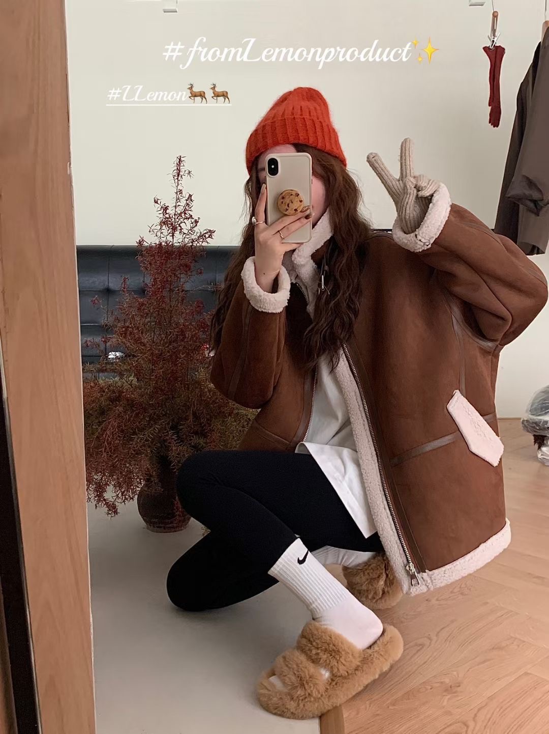 The lemon復古一體機車服女冬新款麂皮絨羊羔毛寬鬆立領外套