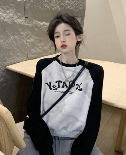 Real shot Contrast color pad-dyed long-sleeved sweatshirt for women 2023 autumn new loose letter print round neck pullover top