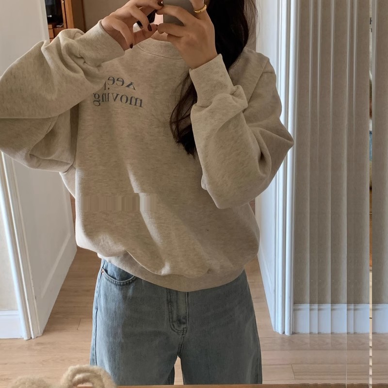 純棉複合 小個子短款衛衣女秋冬裝寬鬆慵懶風長袖圓領上衣