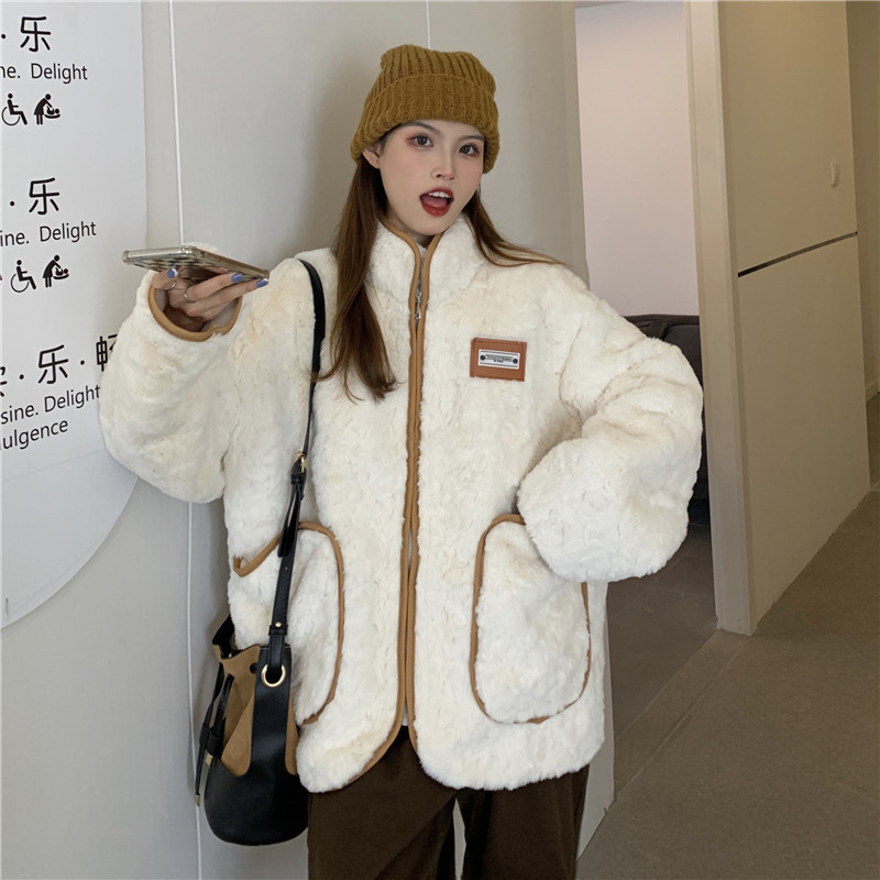 2023新款冬季羊羔絨毛茸茸寬鬆百搭白色加厚加絨羊羔毛外套女棉服