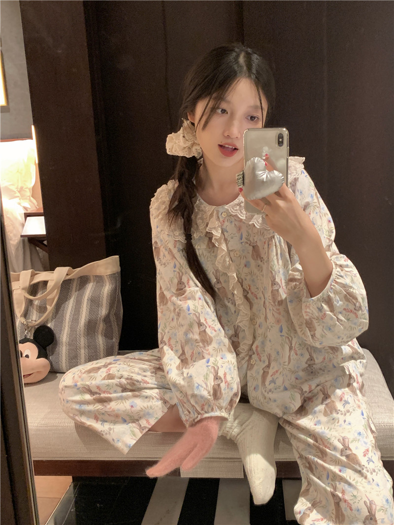 實拍韓版甜美蕾絲秋冬加厚磨毛卡通兔子可愛公主風家居服套裝