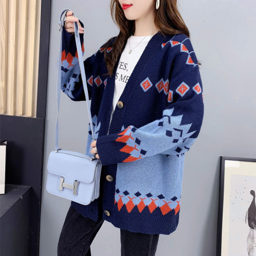 Real shot of sweater jacket for women spring 2023 new style lazy style retro jacquard knitted cardigan loose outer top