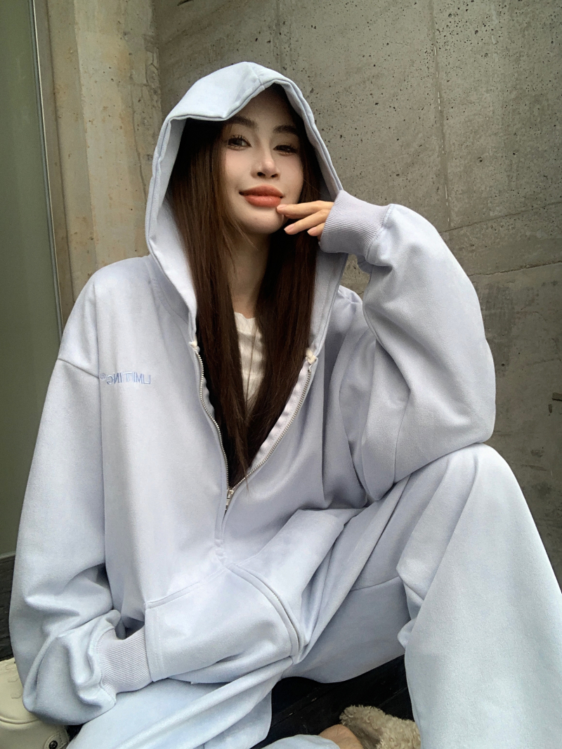 實拍  慵懶風休閒套裝女麂皮絨連帽衛衣長袖外套+闊腿長褲