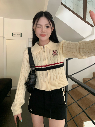 Real shot Korean style college style short lapel zipper cardigan sweater jacket for women