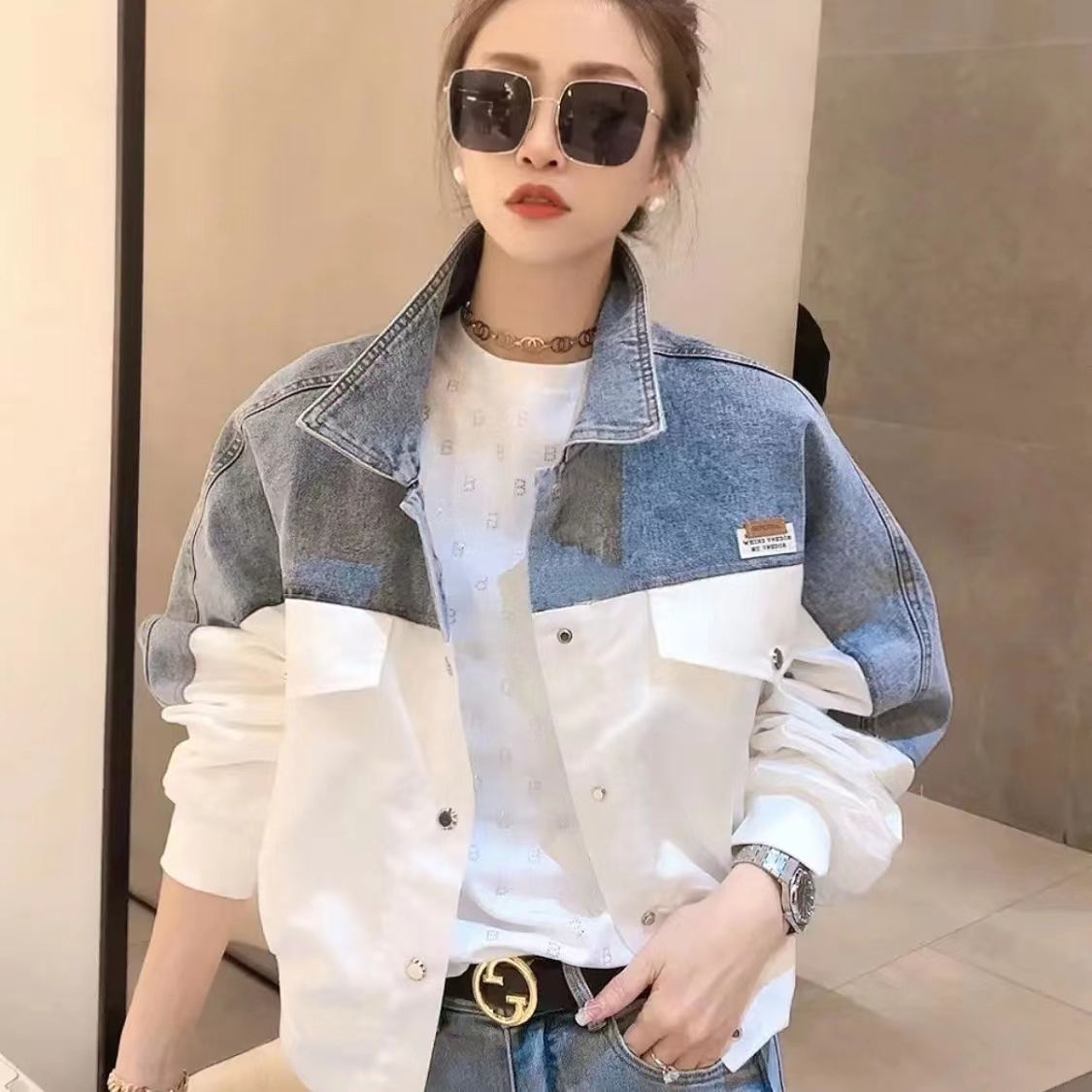 Denim Jacket Women's Loose 2023 Summer Spring and Autumn Top Women's Slim Sweet Jacket Versatile Jacket Color Block Embroidery