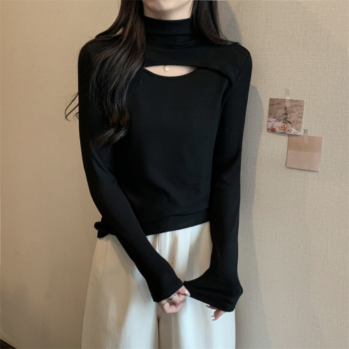 Actual shot of ammonia velvet half turtleneck hollow bottoming shirt women's long-sleeved T-shirt brushed design autumn and winter clothing