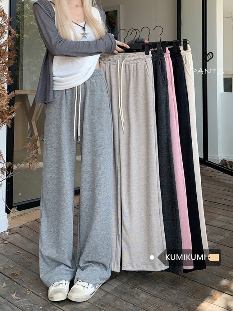 Gray casual pants for women in autumn, loose slimming wide-leg pants, straight trousers, drawstring pants, glutinous rice pants