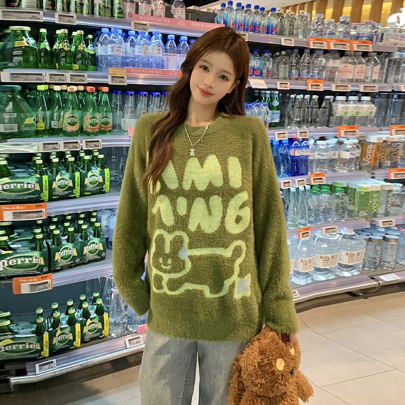 實拍~2023秋冬新款大碼水貂絨甜美兔子毛衣奶呼呼可愛毛茸茸上衣