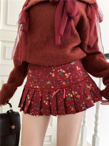 实拍~针织露肩蝴蝶结设计感气质毛衣复古红+碎花低腰短裙