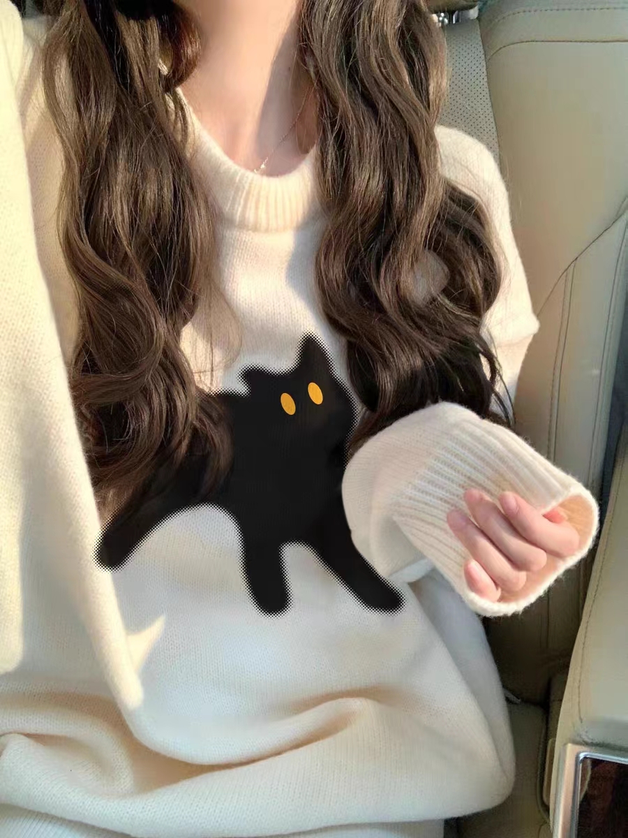 綿羊絨 小個子卡通印花毛衣女秋冬慵懶風小眾設計感寬鬆上衣