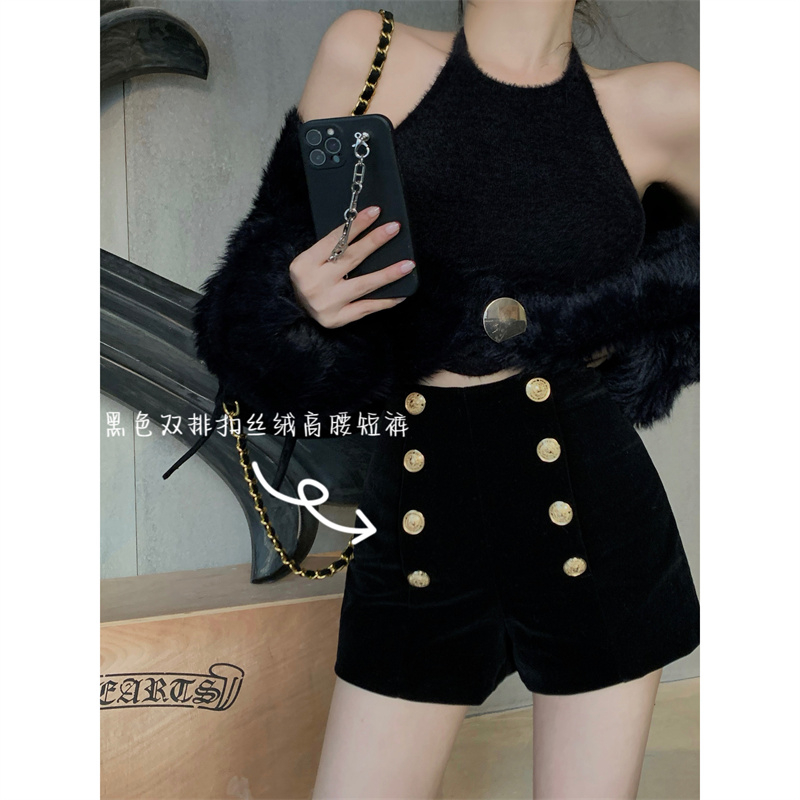 Velvet with hidden zipper inside, black casual shorts for women in autumn and winter, velvet versatile high-waisted boot pants