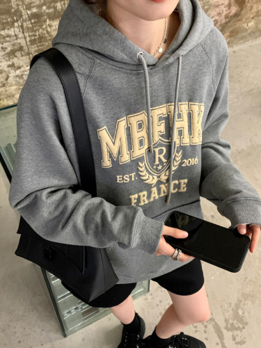 Official picture of heavyweight American sweatshirt for women in autumn new loose oversize gray retro hooded casual jacket