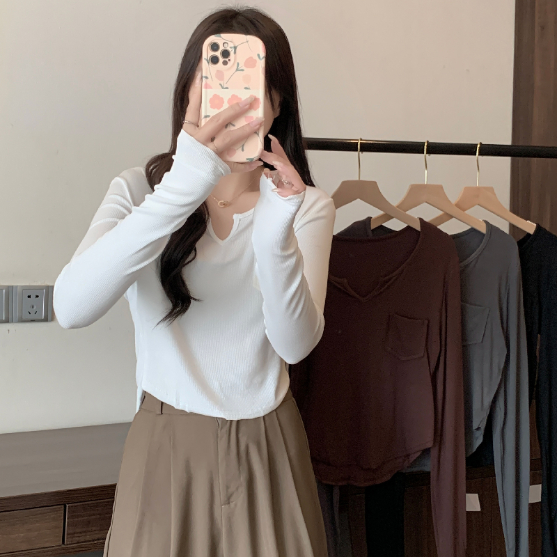 Actual shot of ammonia velvet brushed thin velvet V-neck long-sleeved T-shirt for women with pockets