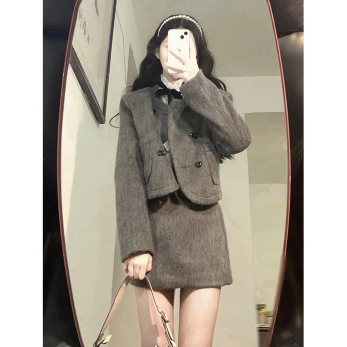 Spring, autumn and winter woolen suit, new style, ladylike temperament, slim short coat, high waist skirt + jacket suit