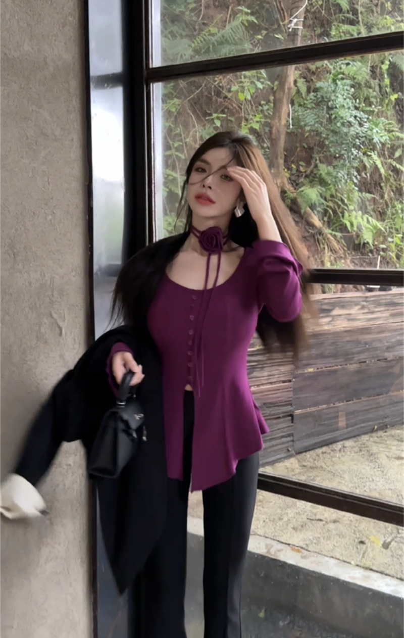 實拍 秋季設計感U領系帶花朵包臀長袖t恤女收腰顯瘦弧形魚尾