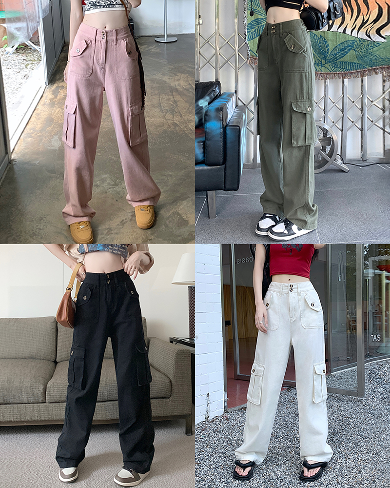 Real shot of autumn and winter velvet thickened retro American work jeans for women, high-waisted slimming loose wide-leg pants