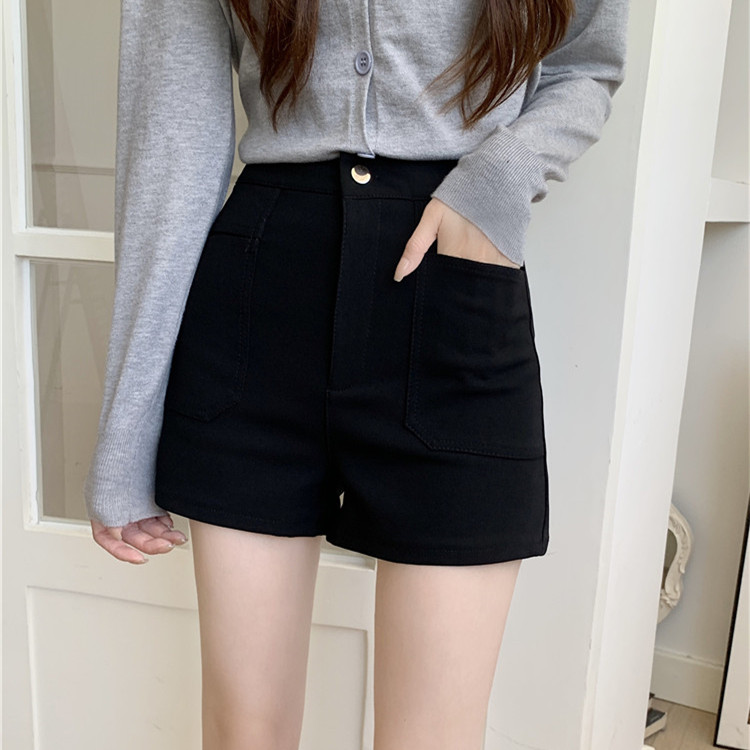 Real shot of high-waisted thickened elastic suit shorts for women in autumn and winter for small people to look thin and wear hot girl boot pants