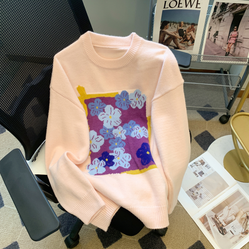 小清新花朵刺繡針織衫女早秋溫柔風甜美軟糯毛衣洋氣減齡上衣內搭