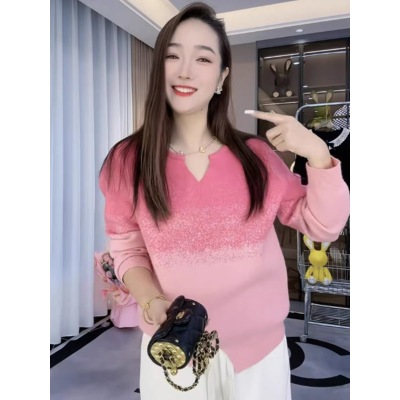 大碼時尚女上衣時髦洋氣漸變色針織衫女秋季胖MM氣質顯瘦遮肉內搭