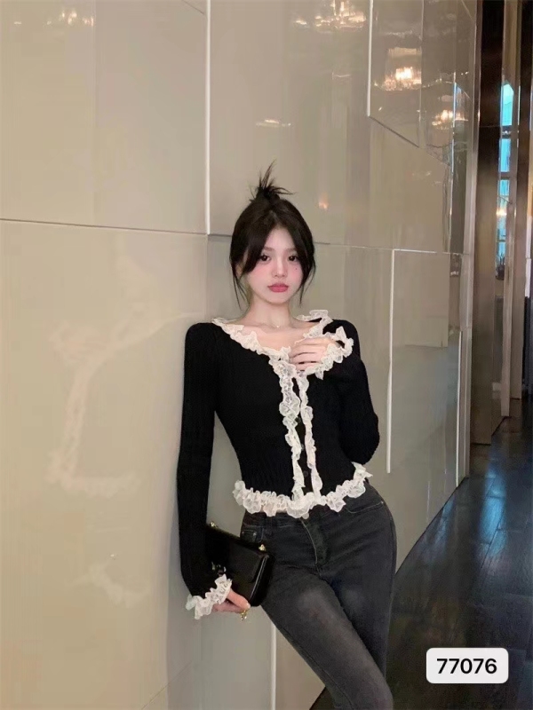 秋季新款韓版氣質純欲風圓領蕾絲花邊長袖開衫上衣女