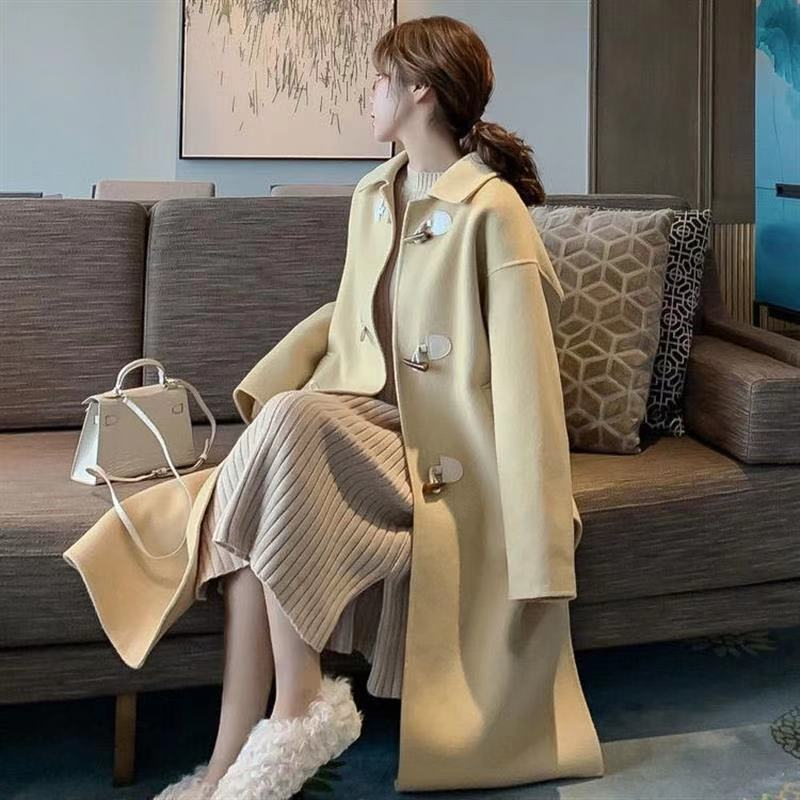秋冬新款森女中長款外套學院風連帽牛角扣呢子大衣學生寬鬆上衣女