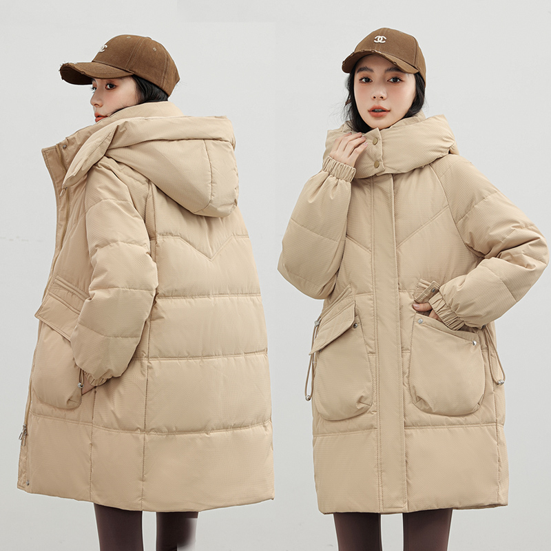 Actual shot of new down jacket Korean style plus size 2023 winter mid-length large pocket hooded loose casual all-match women