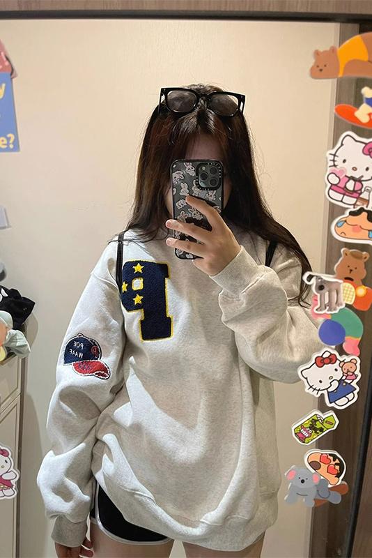 Chinese cotton composite milk silk American retro round neck sweatshirt for women spring and autumn loose pullover top