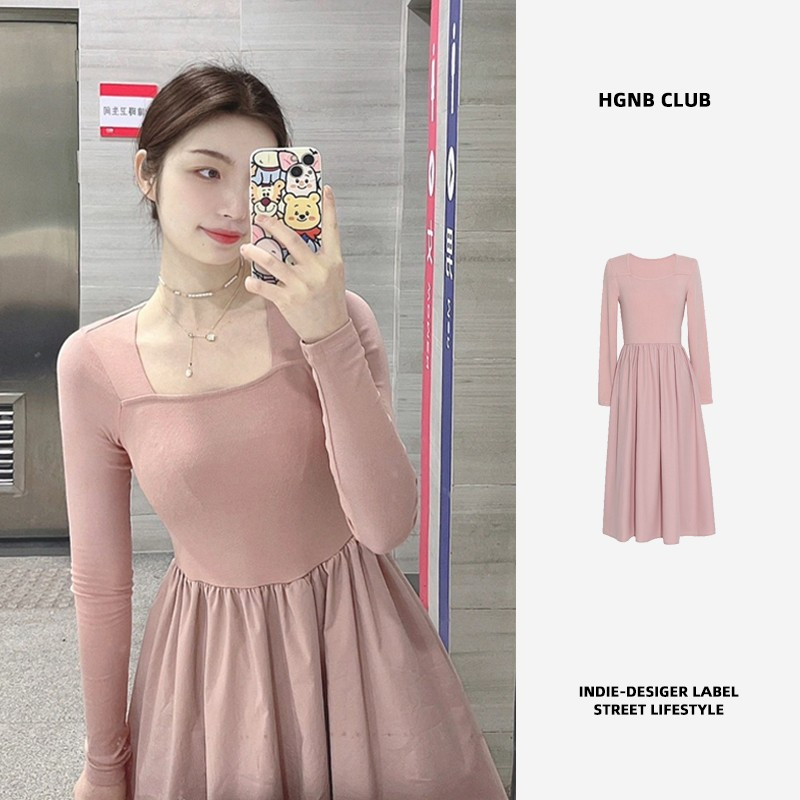 Early Autumn Tea Break French Platycodon Square Neck Pink Dress Women's 2023 New Waist Slim Fit Temperament Long Dress