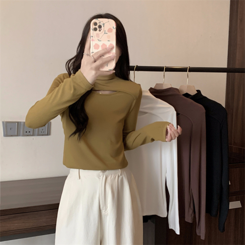 Actual shot of ammonia velvet half turtleneck hollow bottoming shirt women's long-sleeved T-shirt brushed design autumn and winter clothing