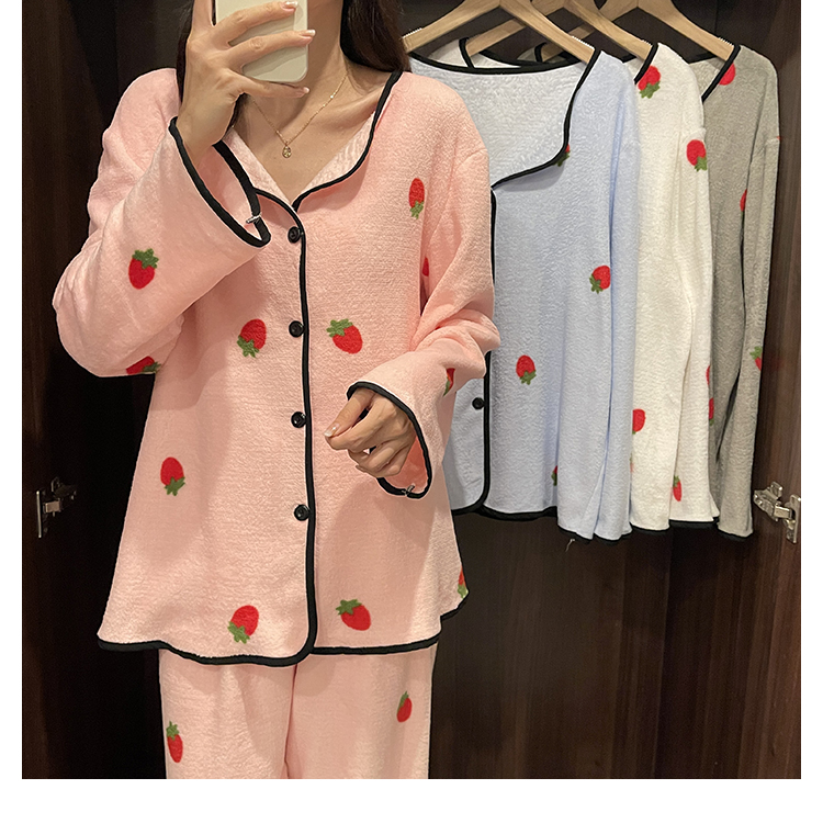 Plus size women's autumn and winter cardigan strawberry warm coral velvet pajamas set women's home clothes