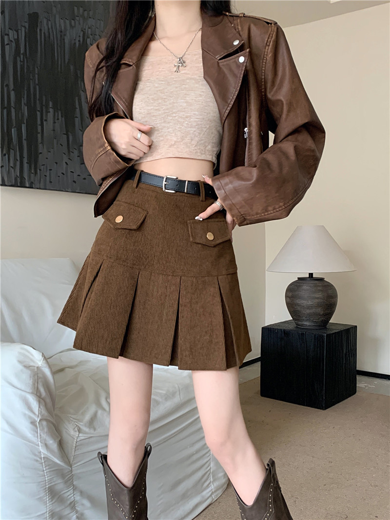 Actual shot of 2023 new autumn and winter corduroy skirt for women, high-waist slimming A-line pleated skirt for women