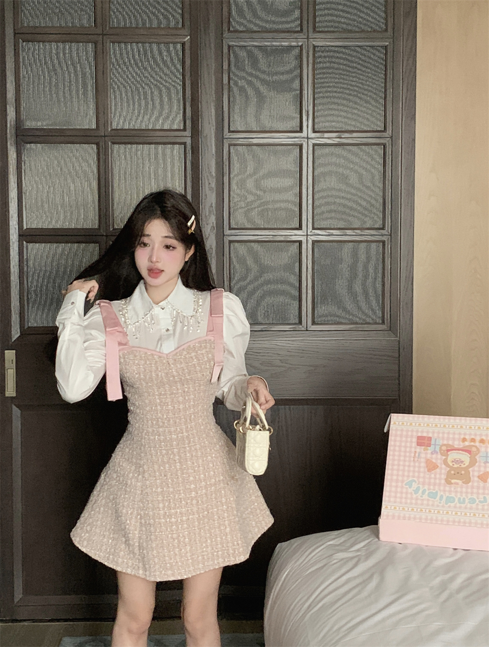 Real shot of heavy industry chain long-sleeved shirt suspender tube top braided A-line dress suit