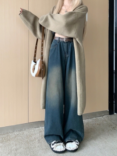 Actual shot #New high-waisted loose denim trousers for women with design retro washed wide-leg floor-length trousers