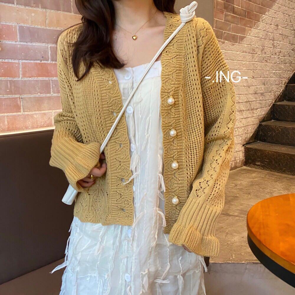 Spring and Autumn New Korean Chic Retro Hollow Lazy Style Wool Jacket Sweater V-neck Knitted Cardigan Women's Trend