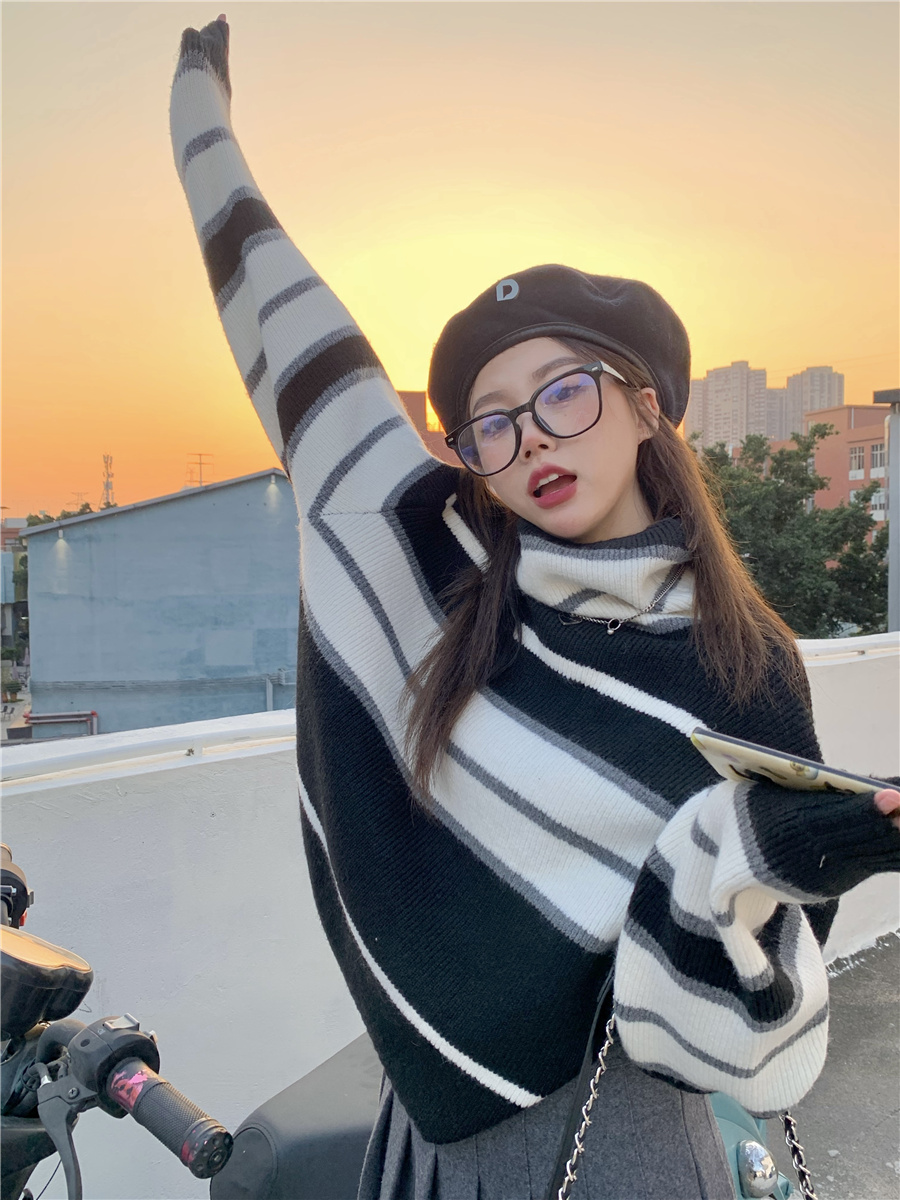 實拍！復古條紋撞色慵懶風休閒寬鬆高領保暖毛衣女